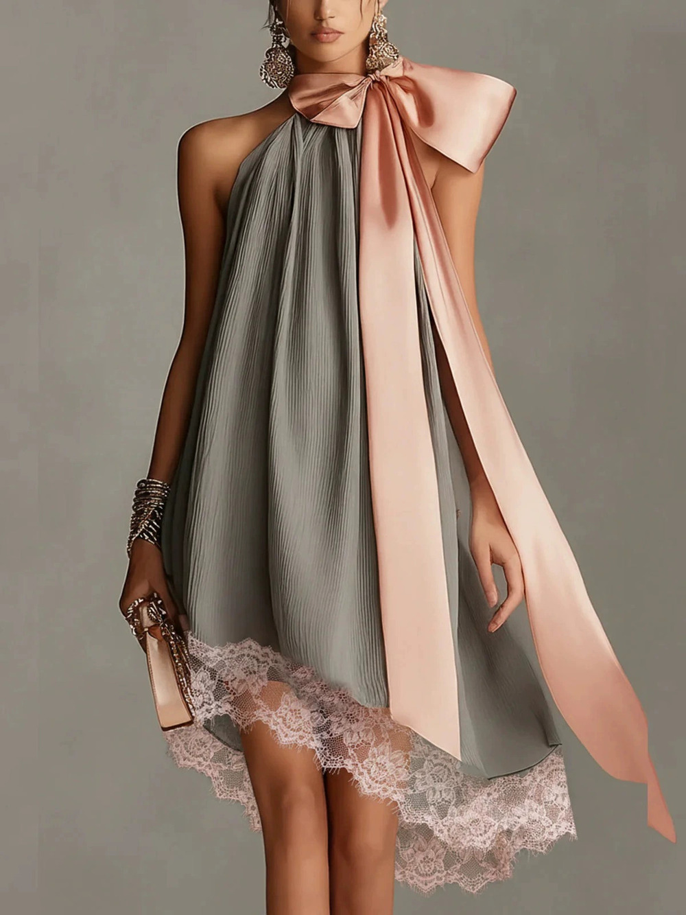 ZARA High Neck Asymmetric Chiffon Dress Tie Bow Flowy Long Elegant Dress